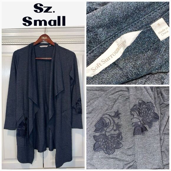 Soft Surroundings Cardigan Women‎ Small Gray Floral Embroidery Pockets Casual - Picture 1 of 8